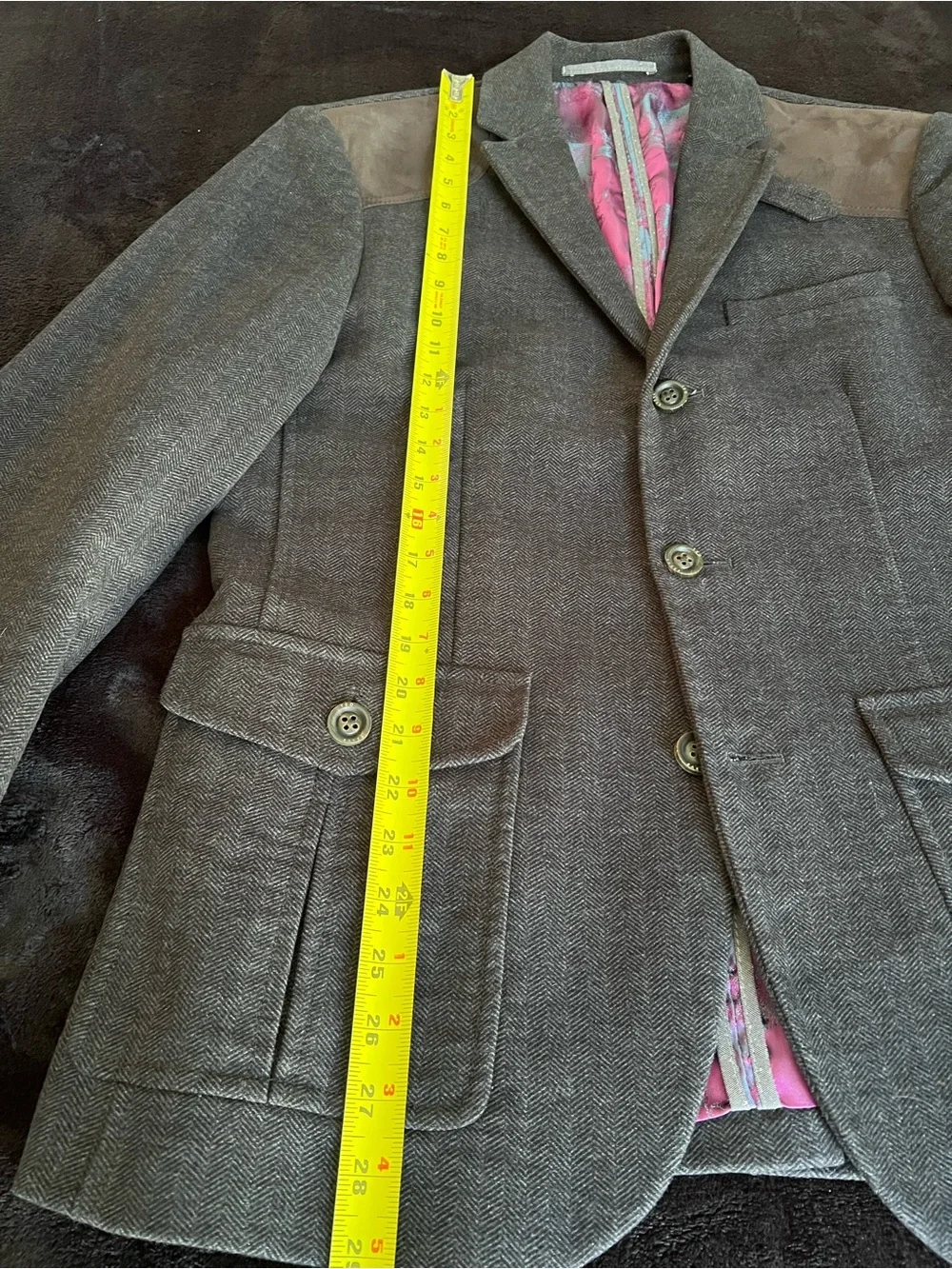Ted Baker Gray Sport Coat with Brown Shoulder Accents and Pink Lining